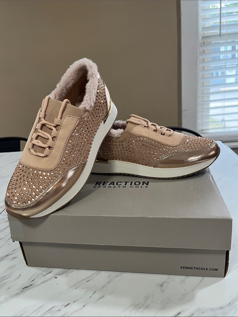 Kenneth Cole Reaction Women's Rose Gold Glitter Faux-Fur Lined Sneaker